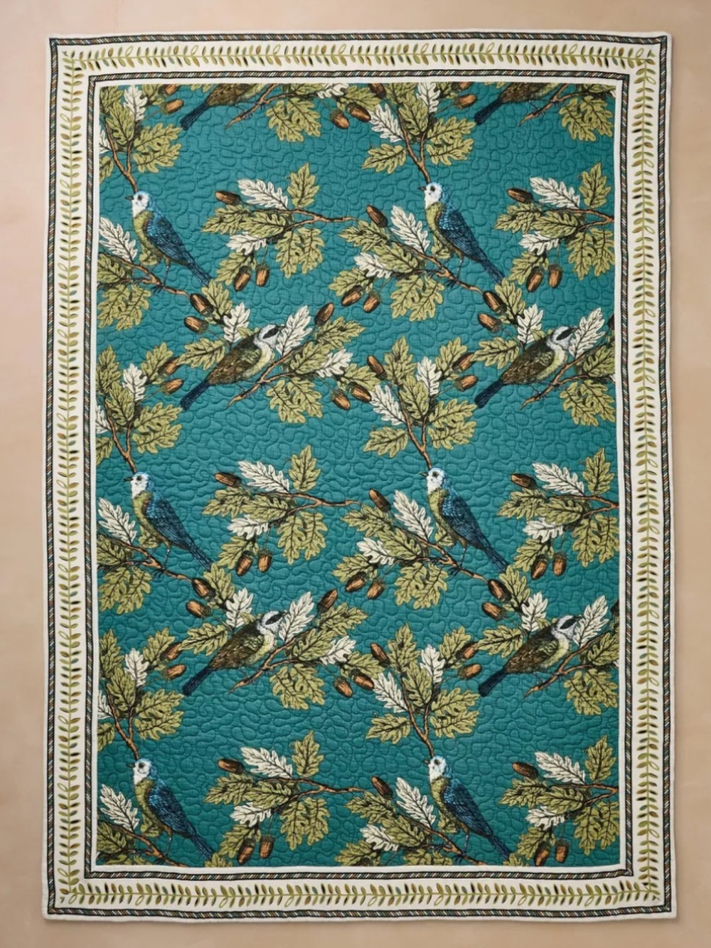John Derian Blue Green Birds and Acorns Quilted Throw Blanket